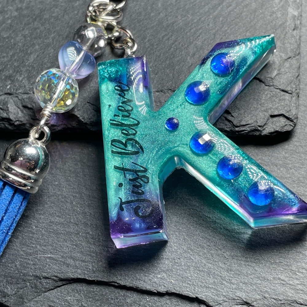 Custom Made Hand Crafted Letter K Keychain -Blue and Purple - Picture 8 of 8